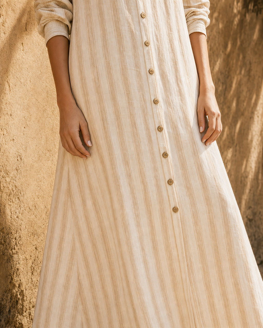 Bohemian Cream Striped Cotton-linen Split V-neck Long-sleeve Button-Front Maxi Shirt Dress MVA001410AA