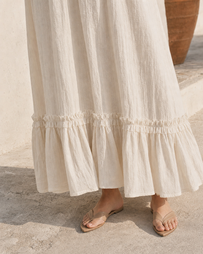 Bohemian Ivory Cotton-linen Round-neck Long-sleeve Tassel-Tie Tiered Maxi Dress MVA001440AA