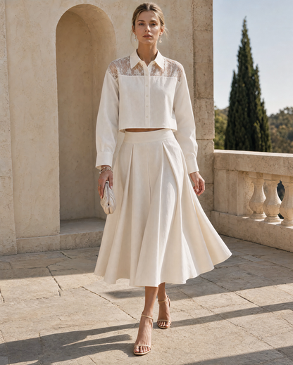 Elegant Ivory Woven Shirt-Collar Lace-Yoke Long-sleeve Cropped Shirt And Pleated Midi Skirt Set MVA001460AA