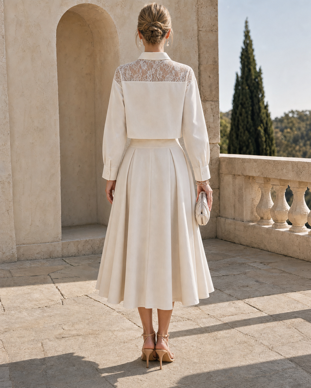 Elegant Ivory Woven Shirt-Collar Lace-Yoke Long-sleeve Cropped Shirt And Pleated Midi Skirt Set MVA001460AA