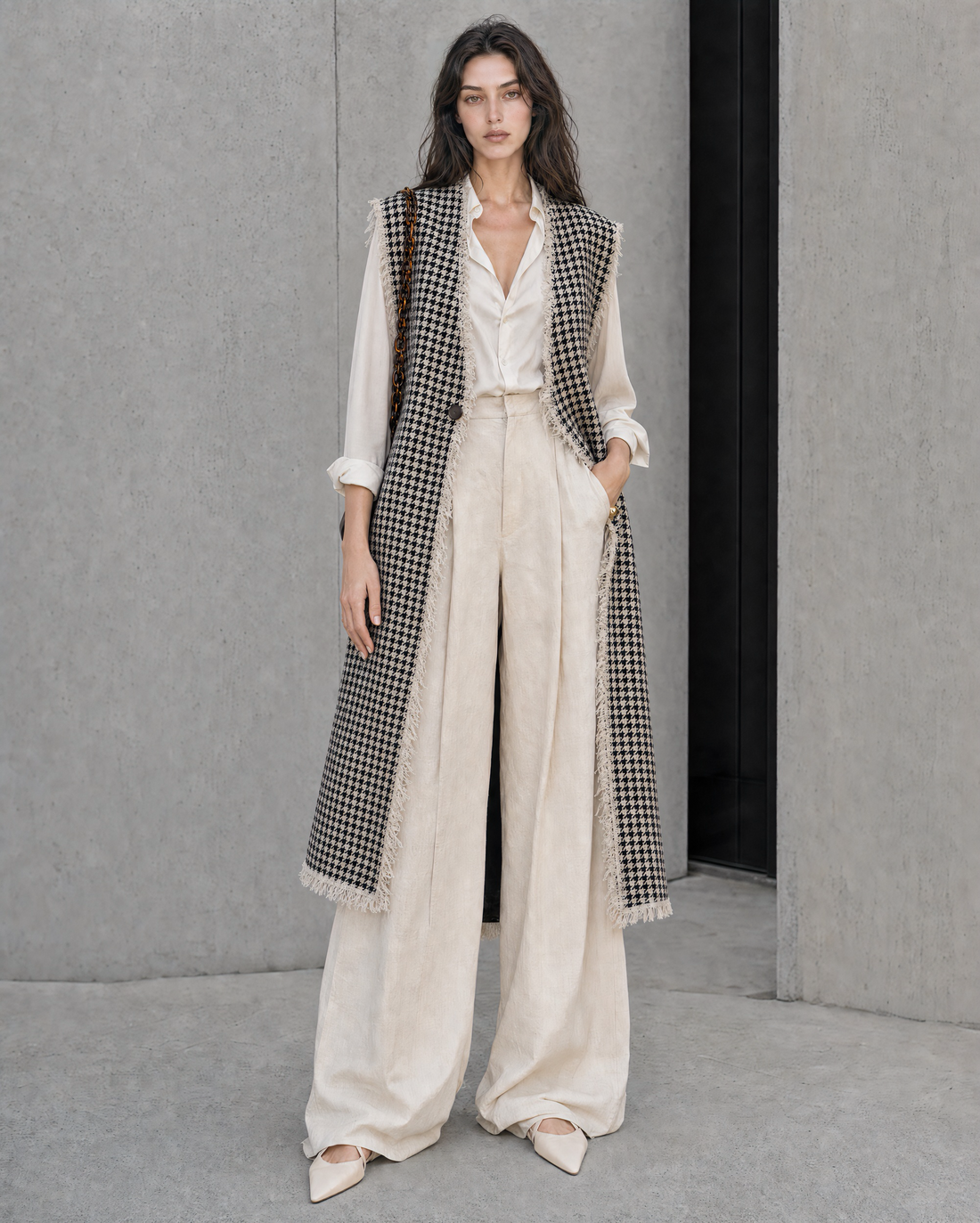 Elegant Black And Ivory Tweed Check Sleeveless Fringe-Trim Longline Vest MVA001470AA