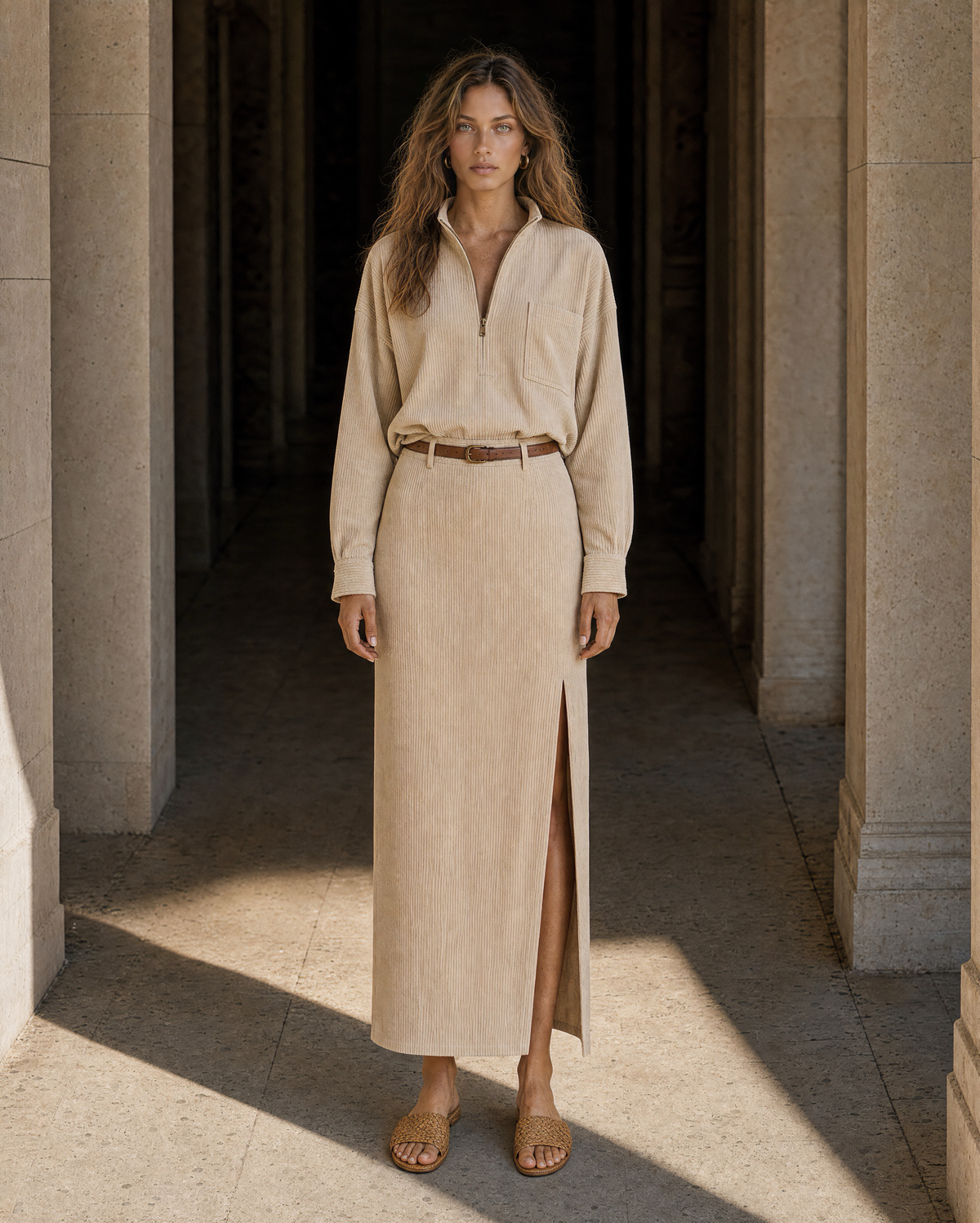 Casual Beige Corduroy Half-zip Stand-collar Long-sleeve Two-piece Maxi Skirt Set MVA001480AA