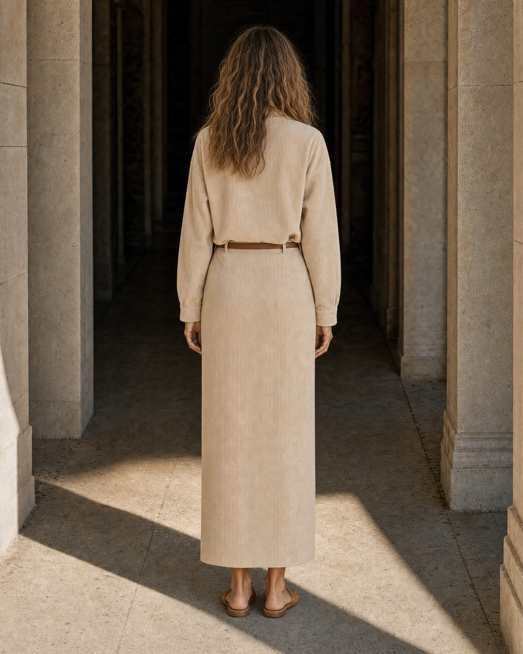 Casual Beige Corduroy Half-zip Stand-collar Long-sleeve Two-piece Maxi Skirt Set MVA001480AA