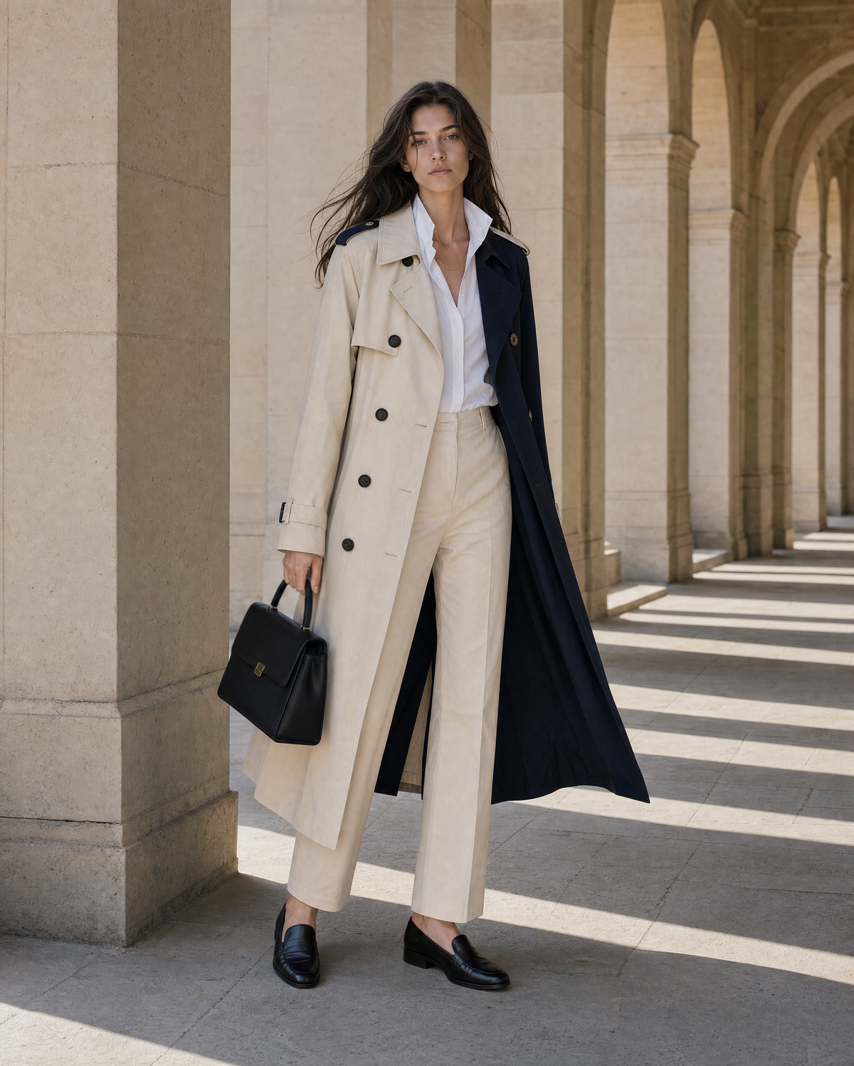 Classic Beige And Black Colorblock Cotton Lapel Long-sleeve Longline Trench Coat MVA001490AA