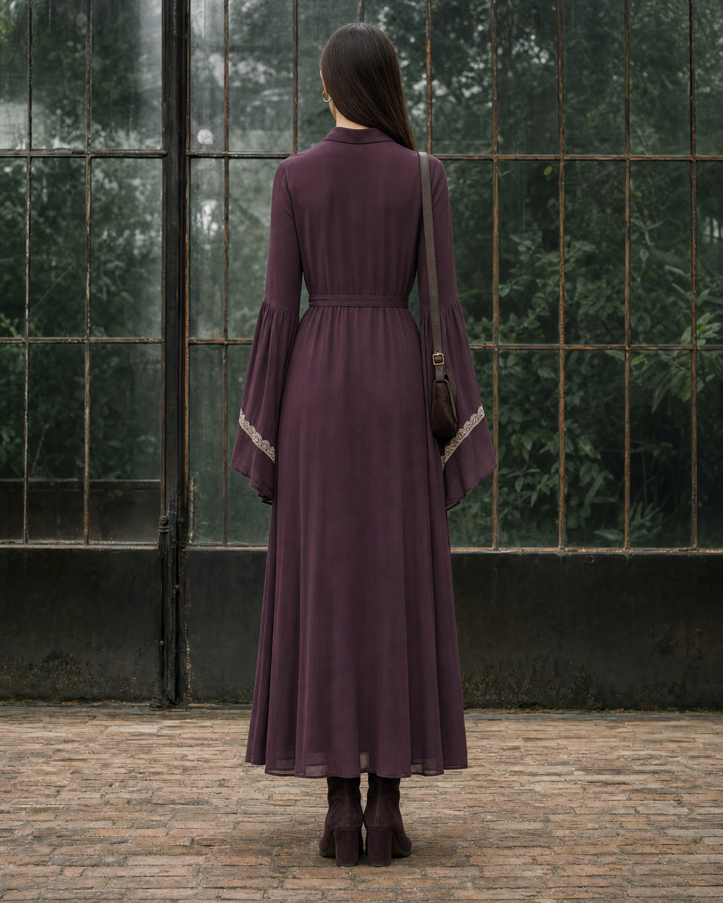 Bohemian Vintage Plum Chiffon Lace-trim Point-collar Long-sleeve Maxi Shirt Dress MVA001500AA