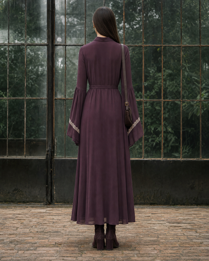 Bohemian Vintage Plum Chiffon Lace-trim Point-collar Long-sleeve Maxi Shirt Dress MVA001500AA