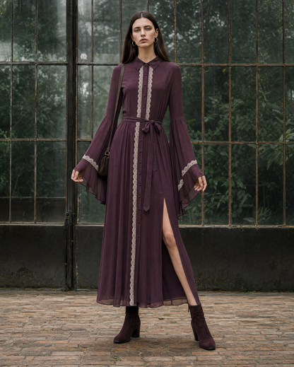 Bohemian Vintage Plum Chiffon Lace-trim Point-collar Long-sleeve Maxi Shirt Dress MVA001500AA