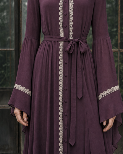 Bohemian Vintage Plum Chiffon Lace-trim Point-collar Long-sleeve Maxi Shirt Dress MVA001500AA