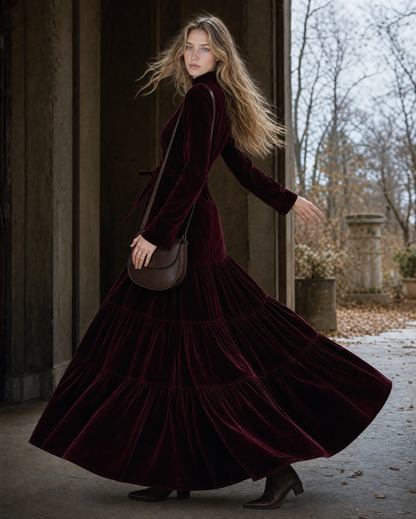 Elegant Burgundy Velvet Turtleneck Tiered Maxi Dress MVA001520AA