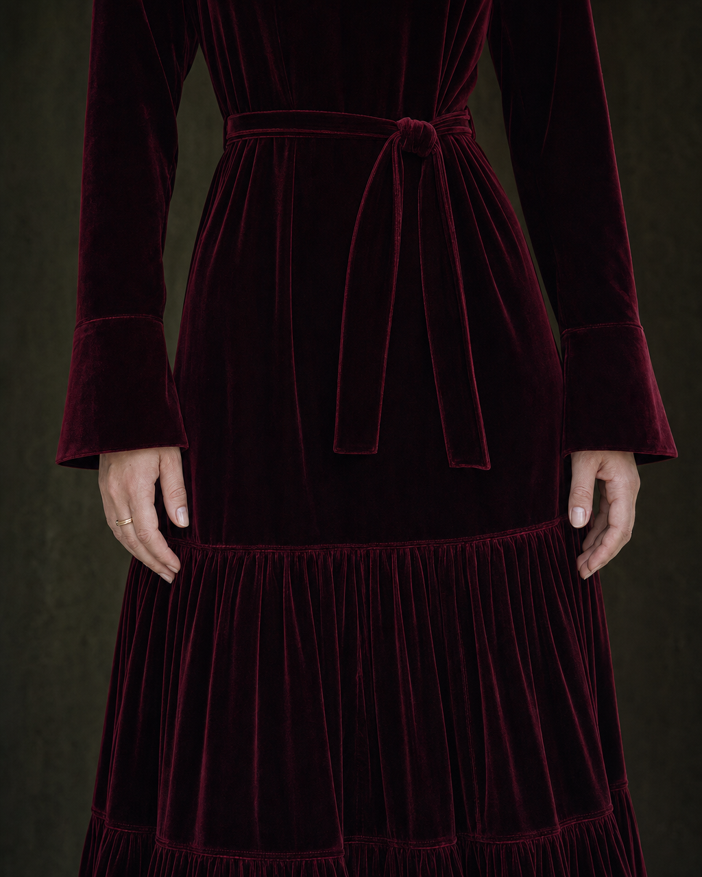 Elegant Burgundy Velvet Turtleneck Tiered Maxi Dress MVA001520AA