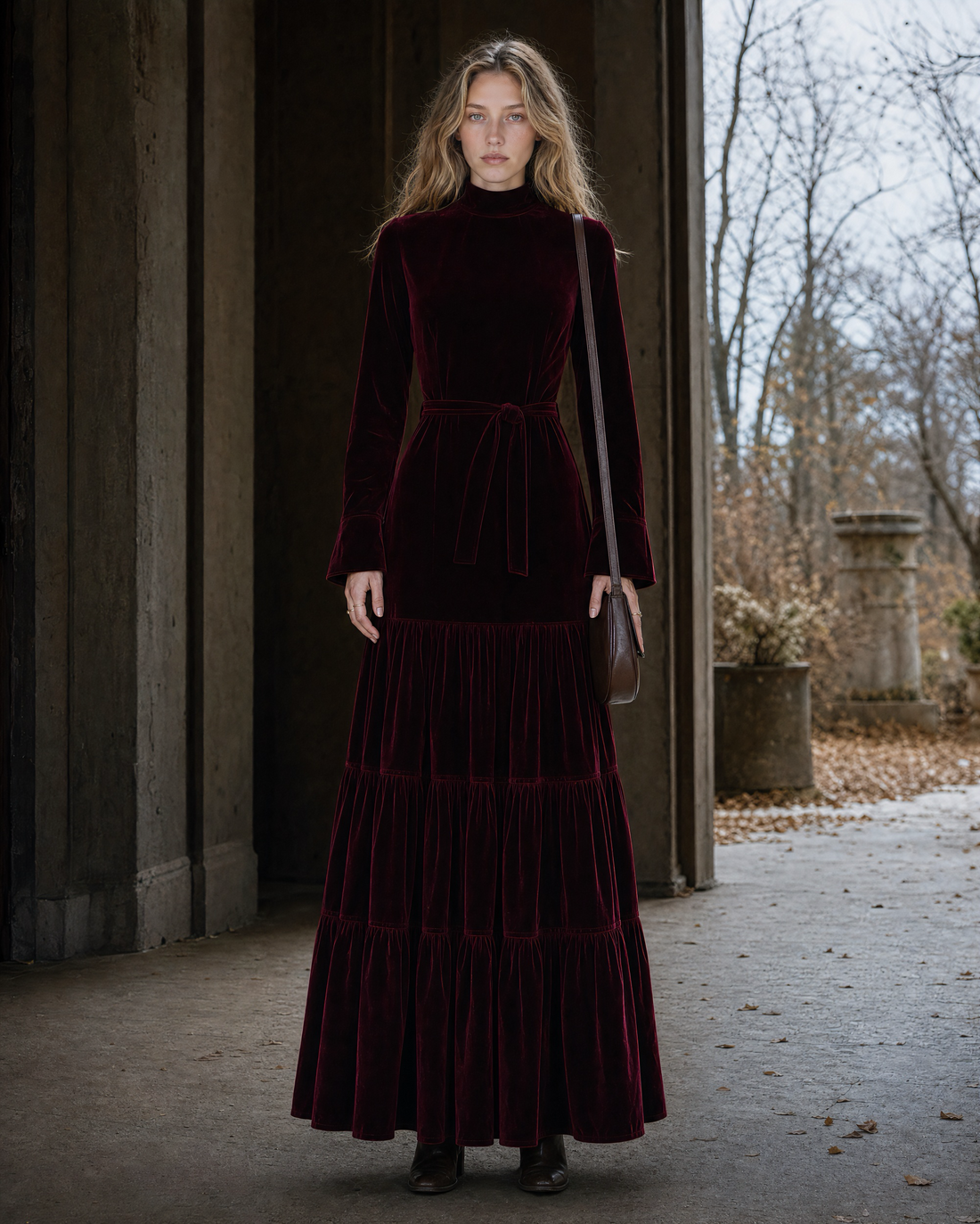 Elegant Burgundy Velvet Turtleneck Tiered Maxi Dress MVA001520AA