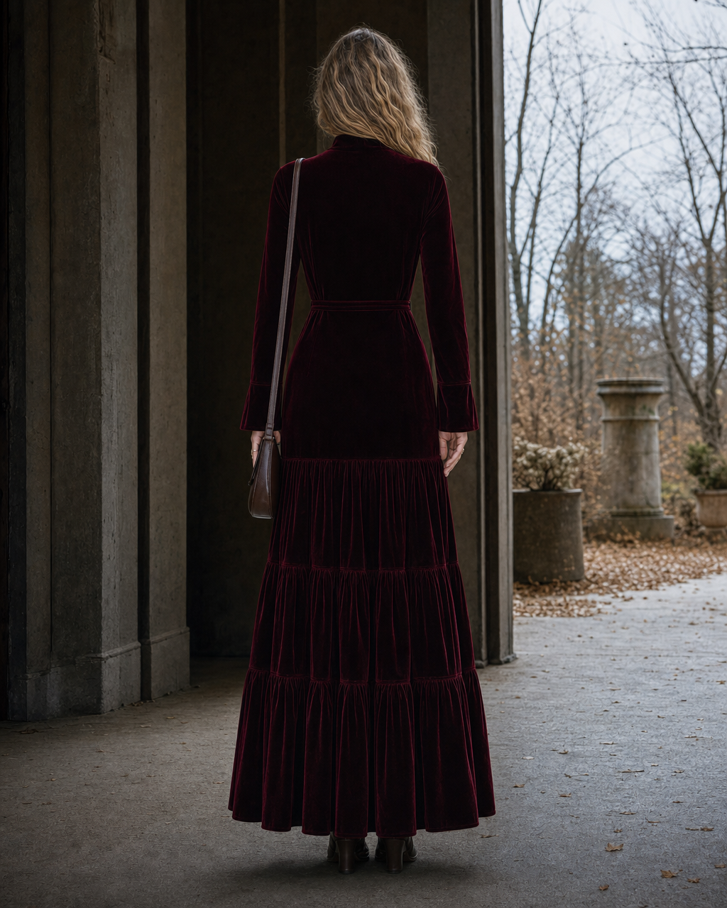 Elegant Burgundy Velvet Turtleneck Tiered Maxi Dress MVA001520AA