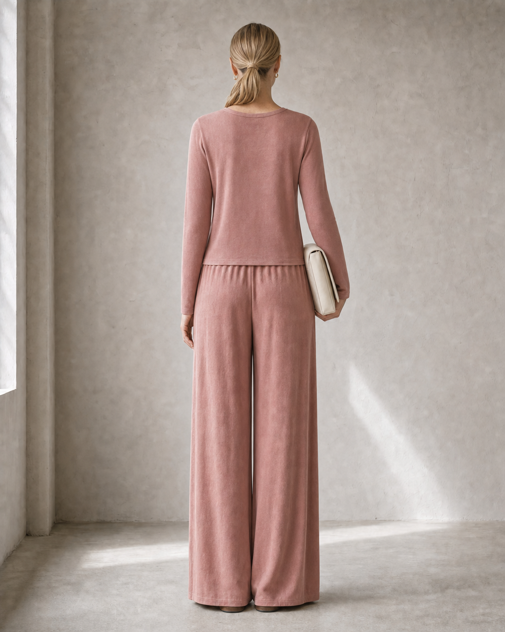 Casual Dusty Rose Knit Full-length Wide-leg Two-piece Set MVA001530AA