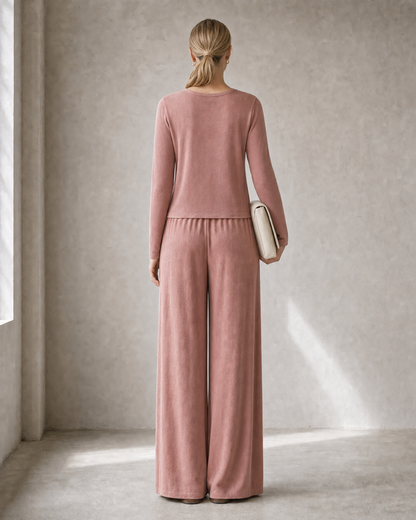 Casual Dusty Rose Knit Full-length Wide-leg Two-piece Set MVA001530AA