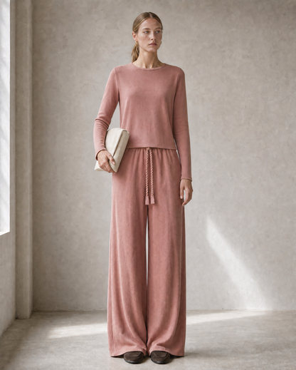 Casual Dusty Rose Knit Full-length Wide-leg Two-piece Set MVA001530AA