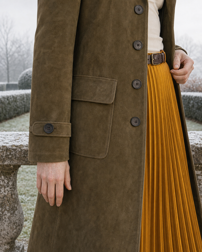 Casual Olive Faux-suede Belted Notched-lapel Long Coat MVA001540AA