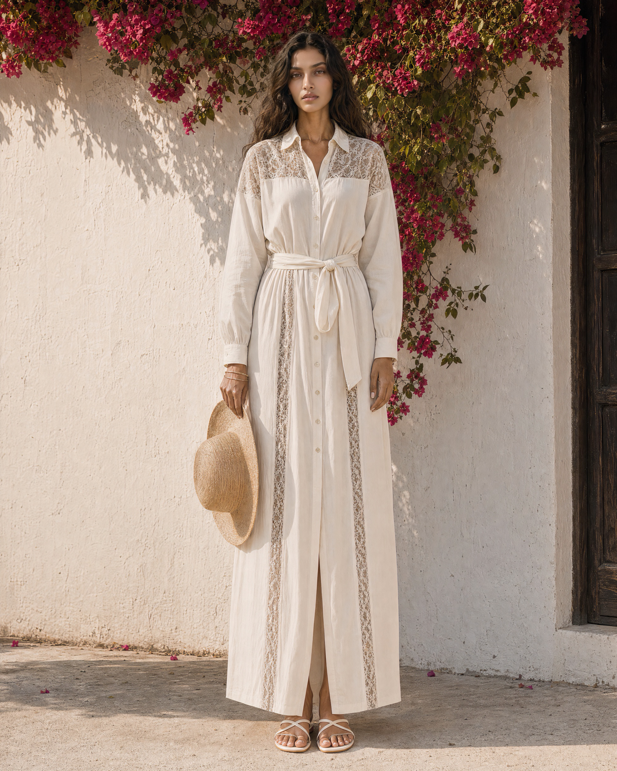 Bohemian Off-white Crinkled Cotton Lace-trim Point-collar Long-sleeve Maxi Shirt Dress MVA001550AA