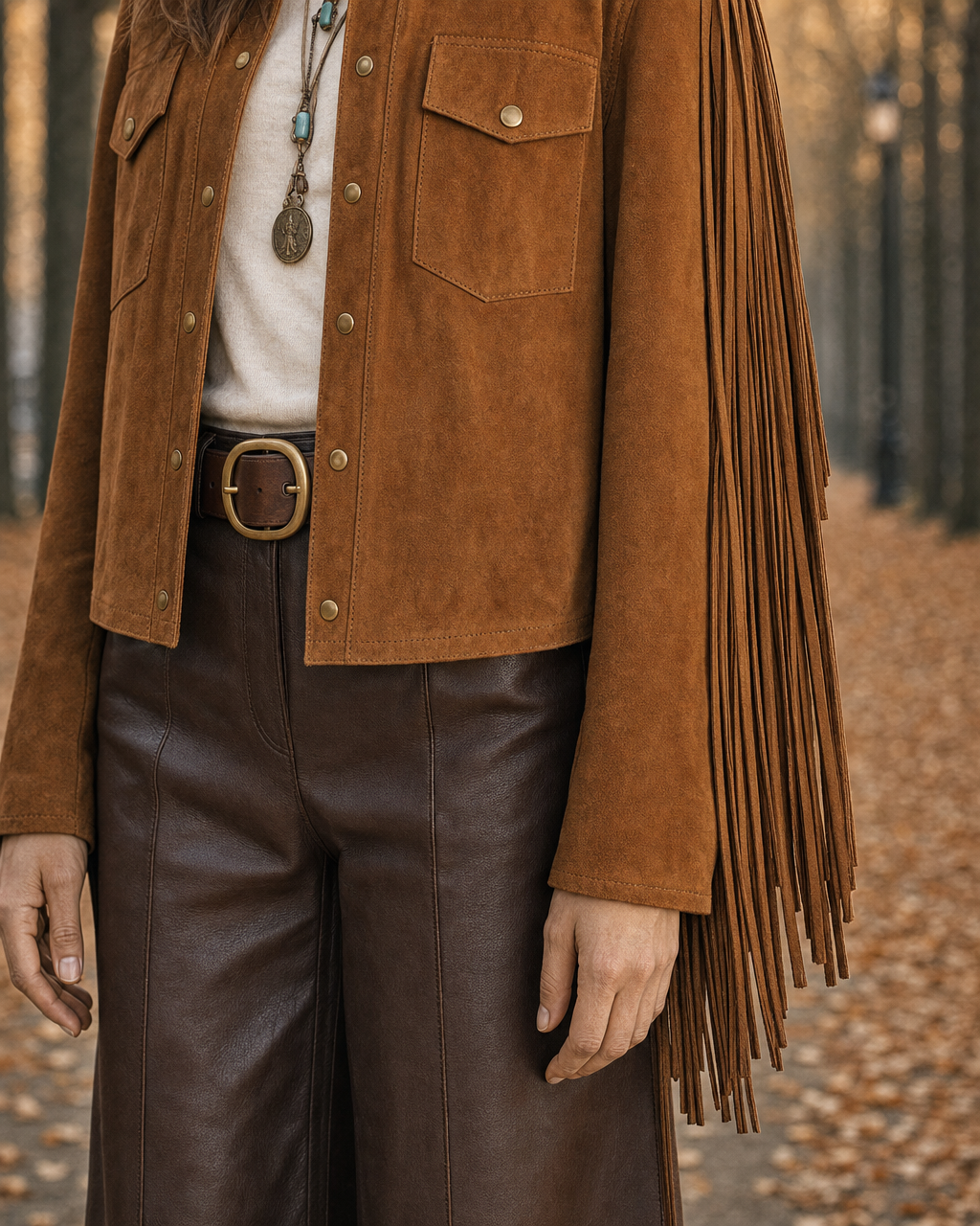 Bohemian Western Cognac Faux-suede Fringed Cropped Jacket MVA001560AA