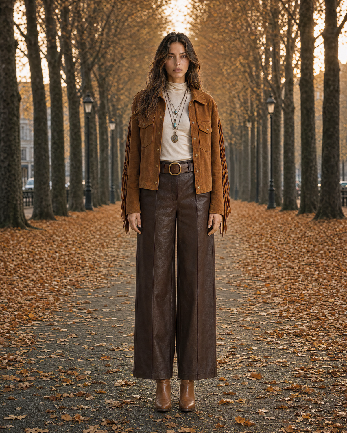 Bohemian Western Cognac Faux-suede Fringed Cropped Jacket MVA001560AA