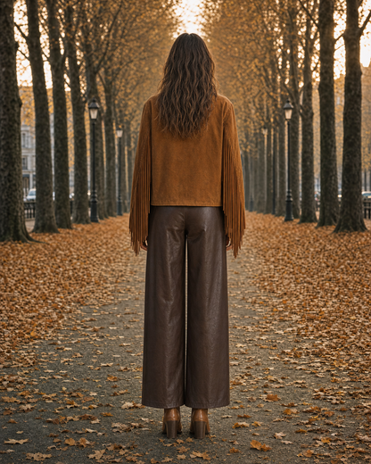 Bohemian Western Cognac Faux-suede Fringed Cropped Jacket MVA001560AA