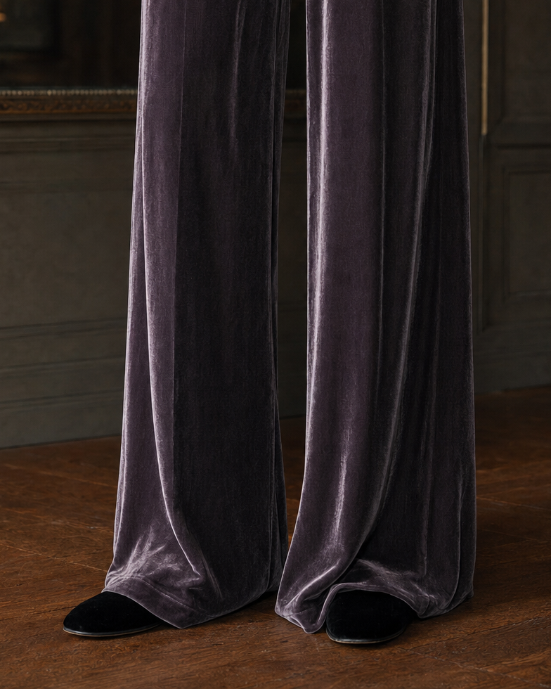 Elegant Mauve Velvet Tie-neck Balloon-sleeve Wide-leg Two-piece Set MVA001570AA