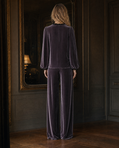 Elegant Mauve Velvet Tie-neck Balloon-sleeve Wide-leg Two-piece Set MVA001570AA