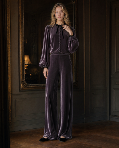 Elegant Mauve Velvet Tie-neck Balloon-sleeve Wide-leg Two-piece Set MVA001570AA