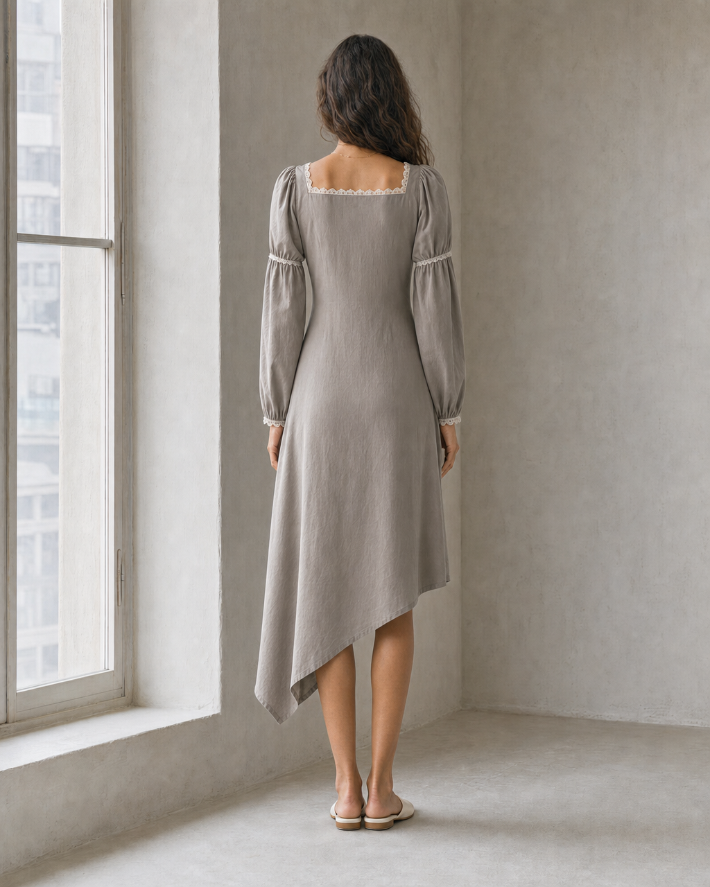 Bohemian Casual Greige Cotton-linen Lace-trim Asymmetric Midi Dress MVA001580AA