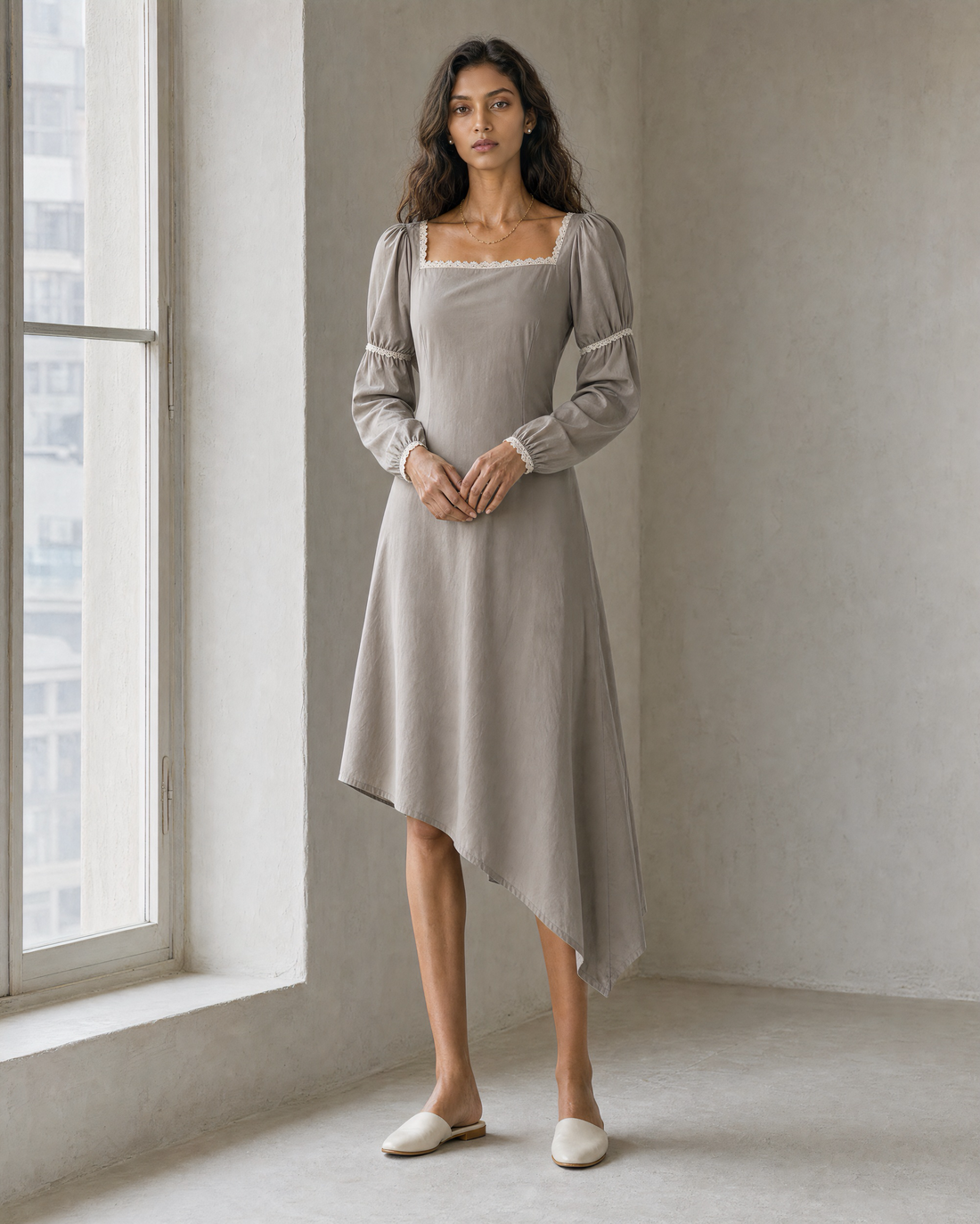 Bohemian Casual Greige Cotton-linen Lace-trim Asymmetric Midi Dress MVA001580AA