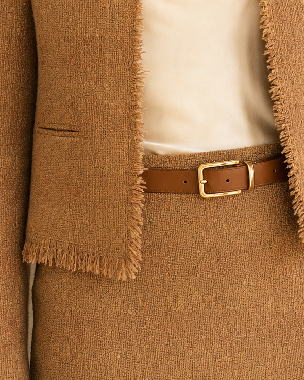 Casual Camel Tweed Fringed-trim Collarless Cropped Jacket MVA001590AA