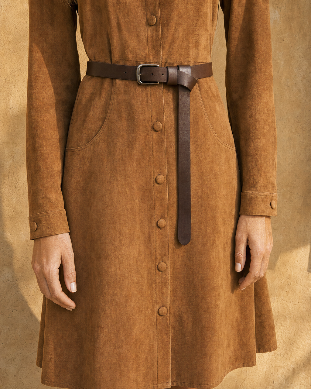 Bohemian Vintage Casual Tan Faux-suede Button-front A-line Mini Dress MVA001600AA