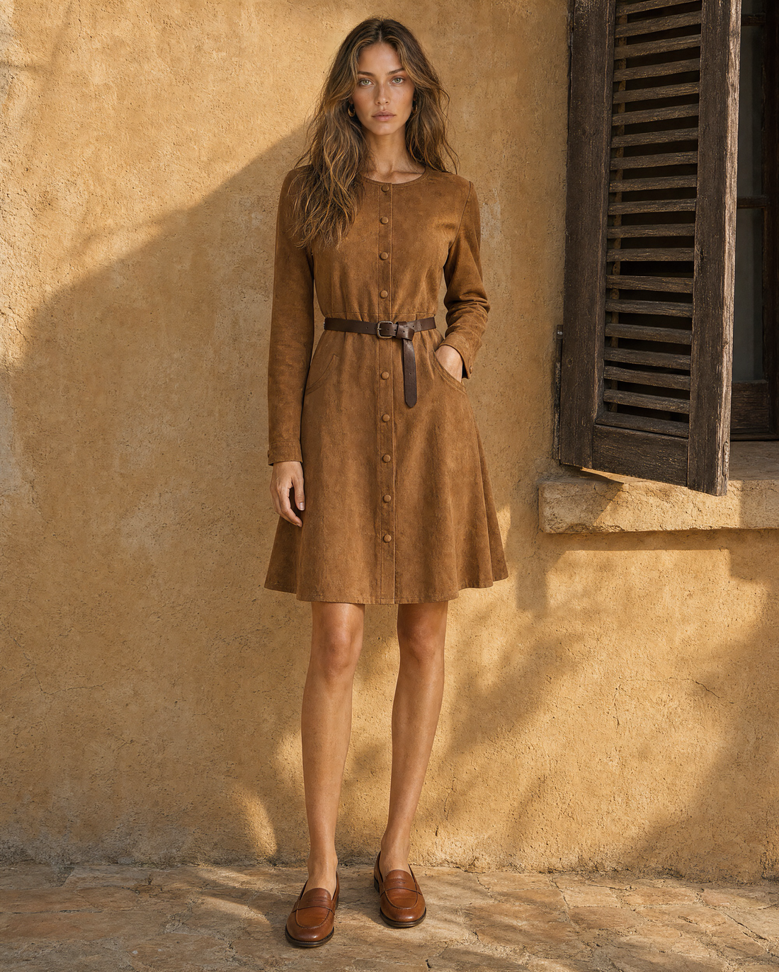 Bohemian Vintage Casual Tan Faux-suede Button-front A-line Mini Dress MVA001600AA