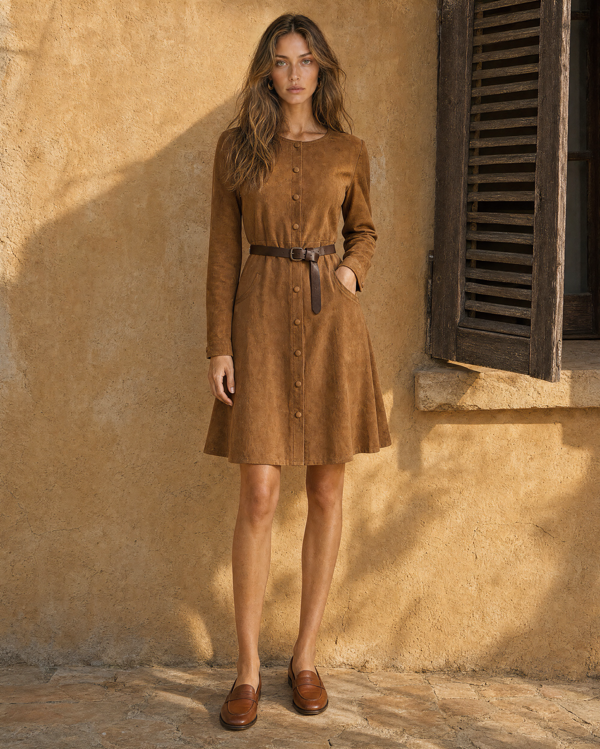 Bohemian Vintage Casual Tan Faux-suede Button-front A-line Mini Dress MVA001600AA