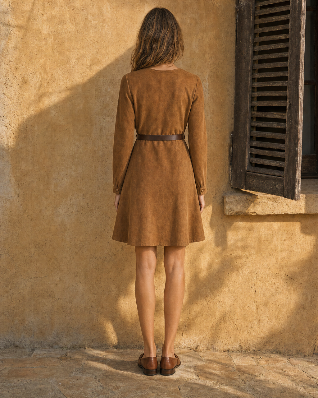 Bohemian Vintage Casual Tan Faux-suede Button-front A-line Mini Dress MVA001600AA