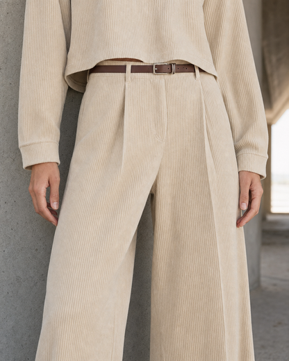 Casual Oatmeal Corduroy Half-zip Wide-leg Two-piece Set MVA001610AA