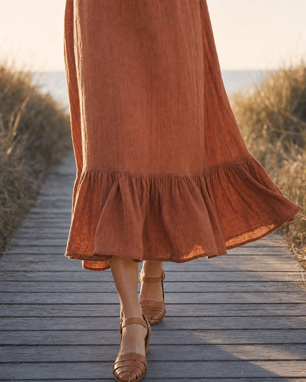 Bohemian Rust Linen-blend V-neck Ruffle-hem Midi Dress MVA001620AA