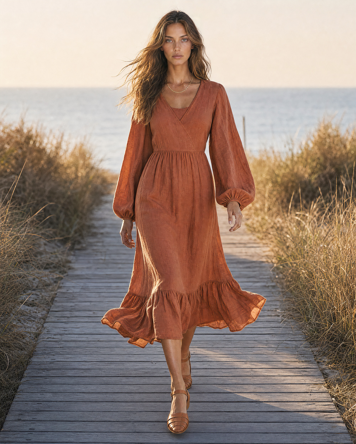 Bohemian Rust Linen-blend V-neck Ruffle-hem Midi Dress MVA001620AA