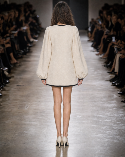 Elegant Cream Tweed Contrast-trim Balloon-sleeve Mini Dress MVA001630AA