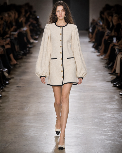 Elegant Cream Tweed Contrast-trim Balloon-sleeve Mini Dress MVA001630AA