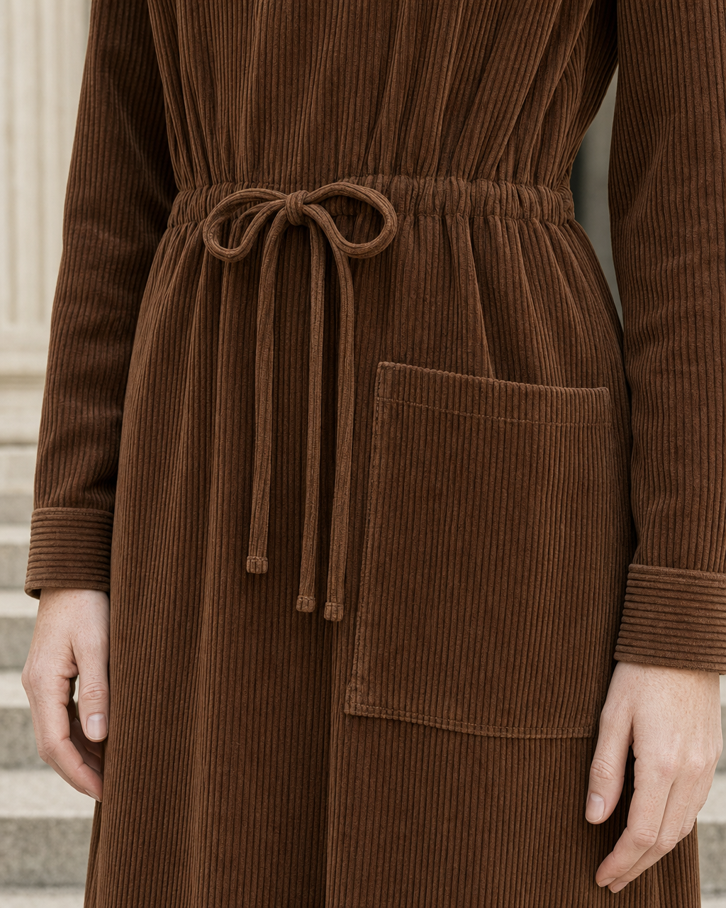 Bohemian Vintage Chocolate Corduroy Drawstring Point-collar Midi Dress MVA001640AA