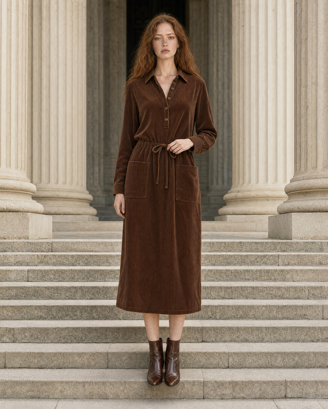 Bohemian Vintage Chocolate Corduroy Drawstring Point-collar Midi Dress MVA001640AA