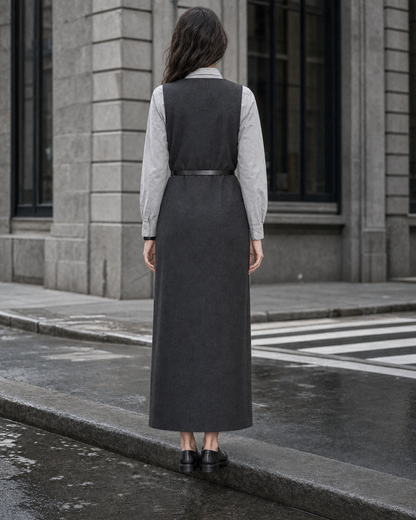 Casual Charcoal Woven V-neck Button-front Sleeveless Maxi Dress MVA001650AA