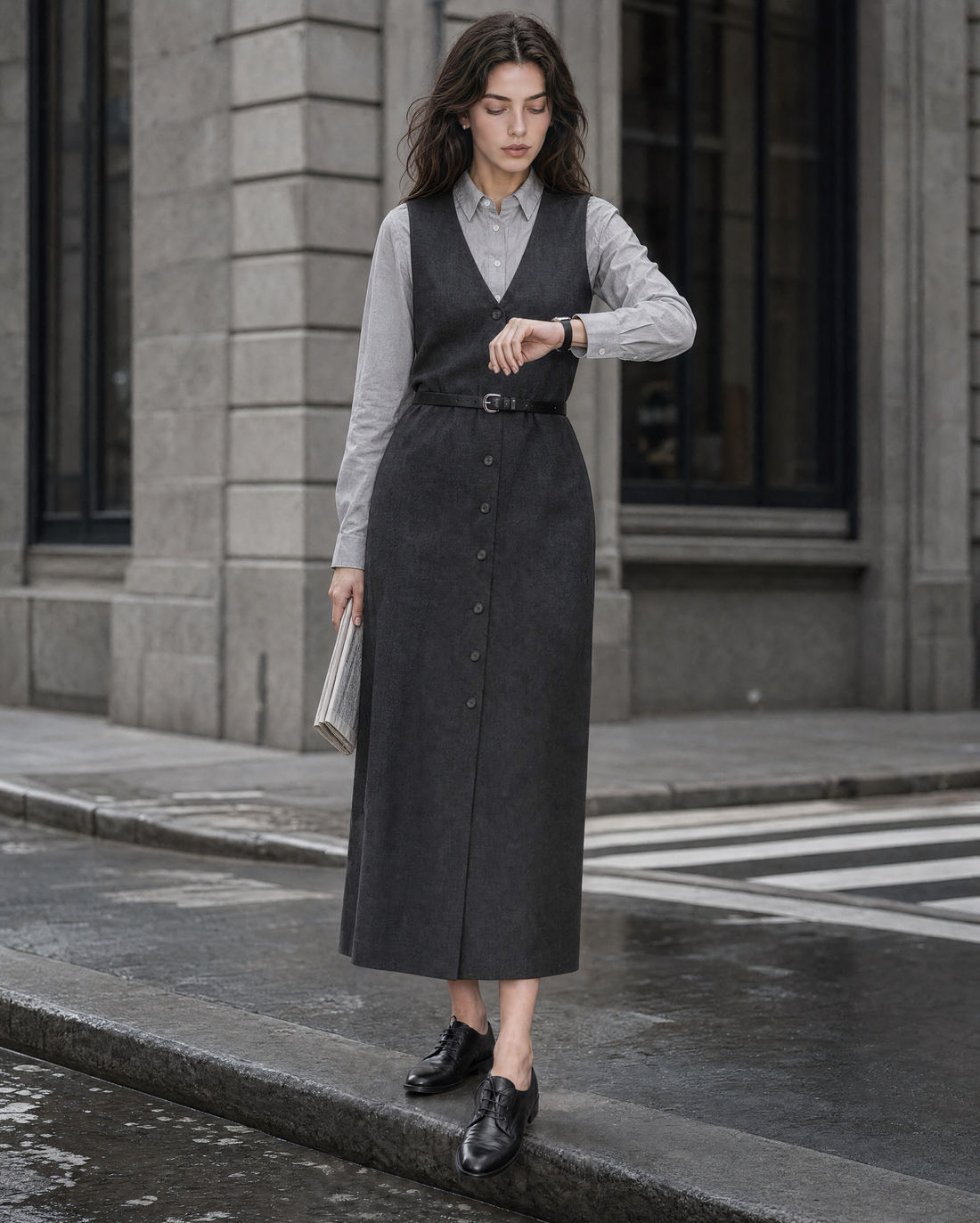 Casual Charcoal Woven V-neck Button-front Sleeveless Maxi Dress MVA001650AA