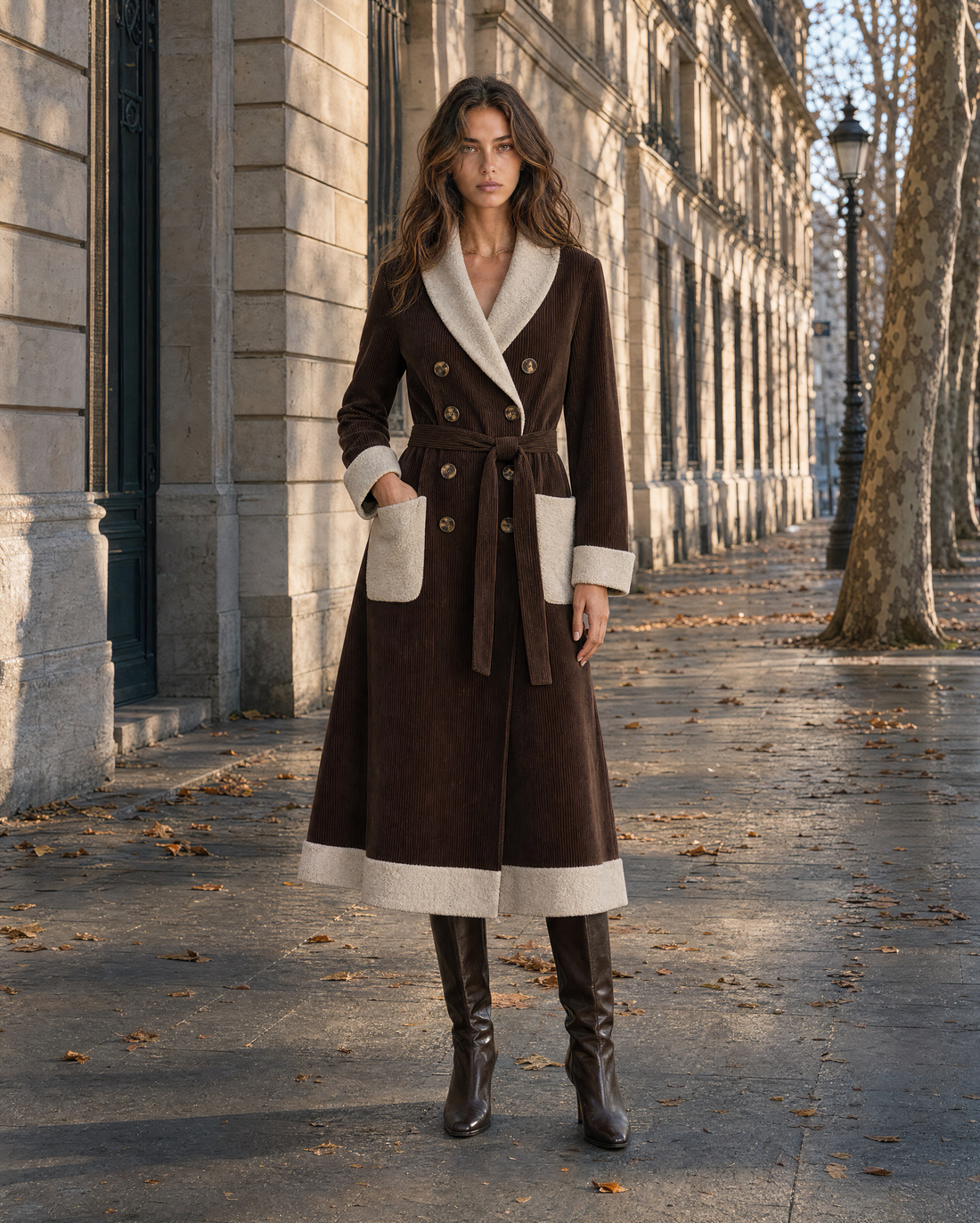 Vintage Chocolate Corduroy Sherpa-trim Belted Long Coat MVA001660AA