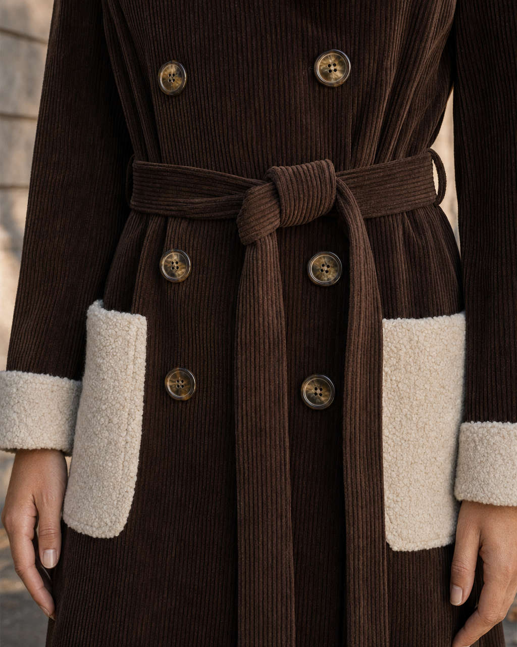 Vintage Chocolate Corduroy Sherpa-trim Belted Long Coat MVA001660AA