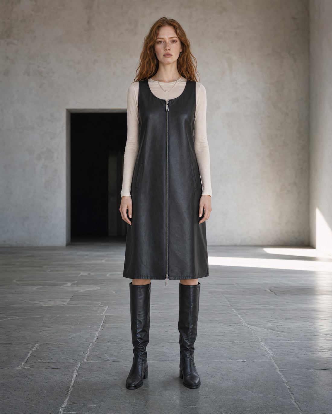 Casual Black Faux-leather Two-way Zip Sleeveless Midi Dress MVA001670AA
