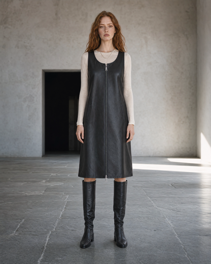 Casual Black Faux-leather Two-way Zip Sleeveless Midi Dress MVA001670AA
