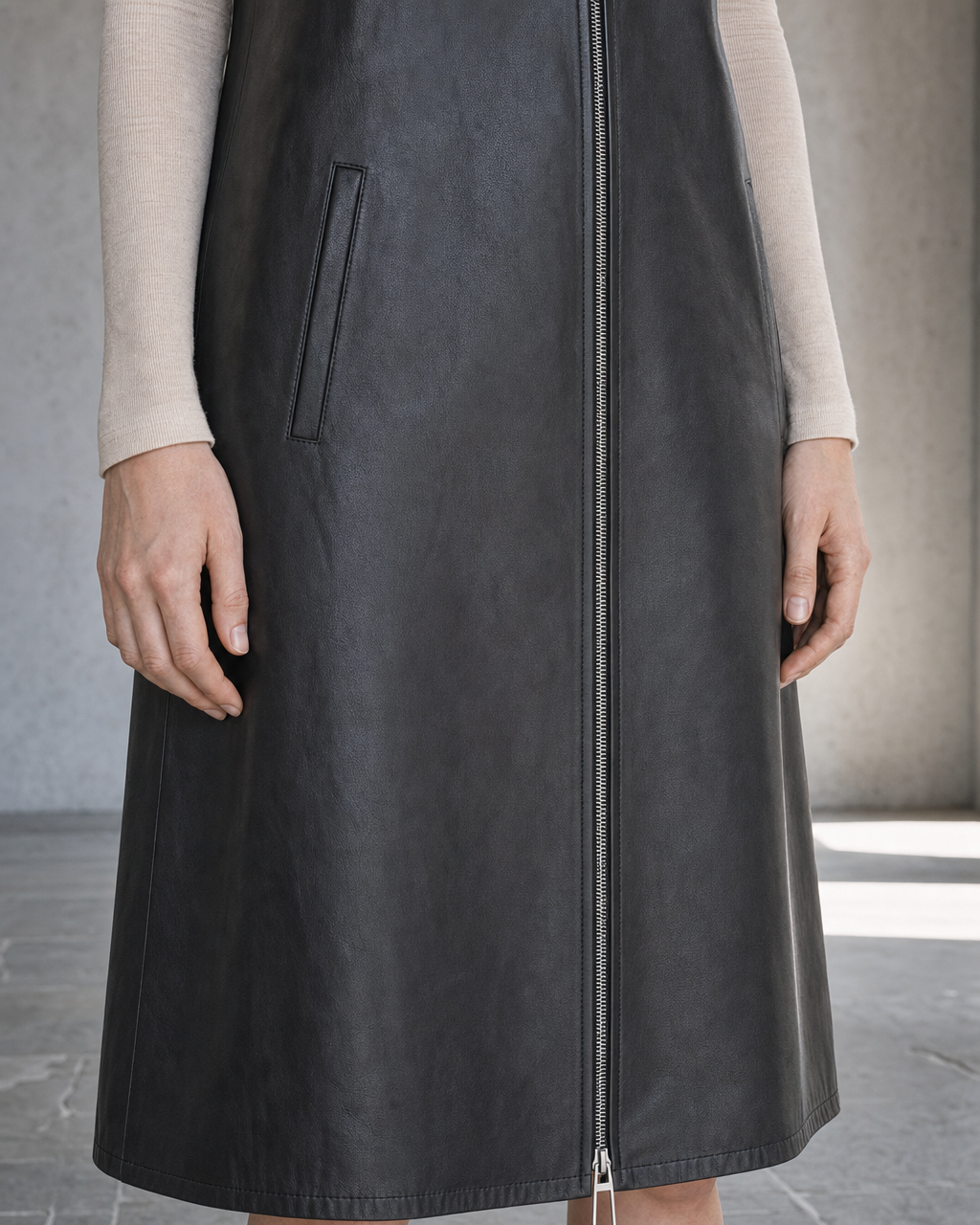 Casual Black Faux-leather Two-way Zip Sleeveless Midi Dress MVA001670AA