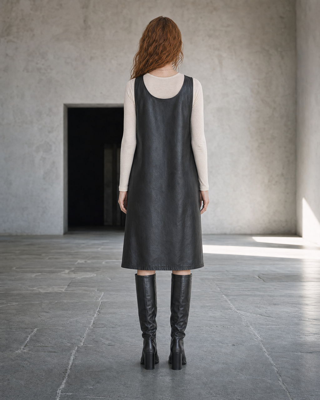 Casual Black Faux-leather Two-way Zip Sleeveless Midi Dress MVA001670AA