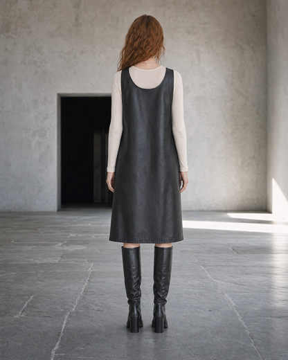 Casual Black Faux-leather Two-way Zip Sleeveless Midi Dress MVA001670AA